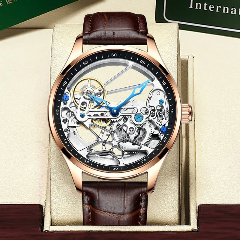 AILANG Men's Sports Automatic Watch – Leather Strap, Luminous Hollow Dial