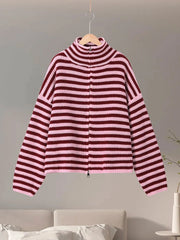 Women's Striped Zip-Up Knit Cardigan – Stand Collar, Loose Fit