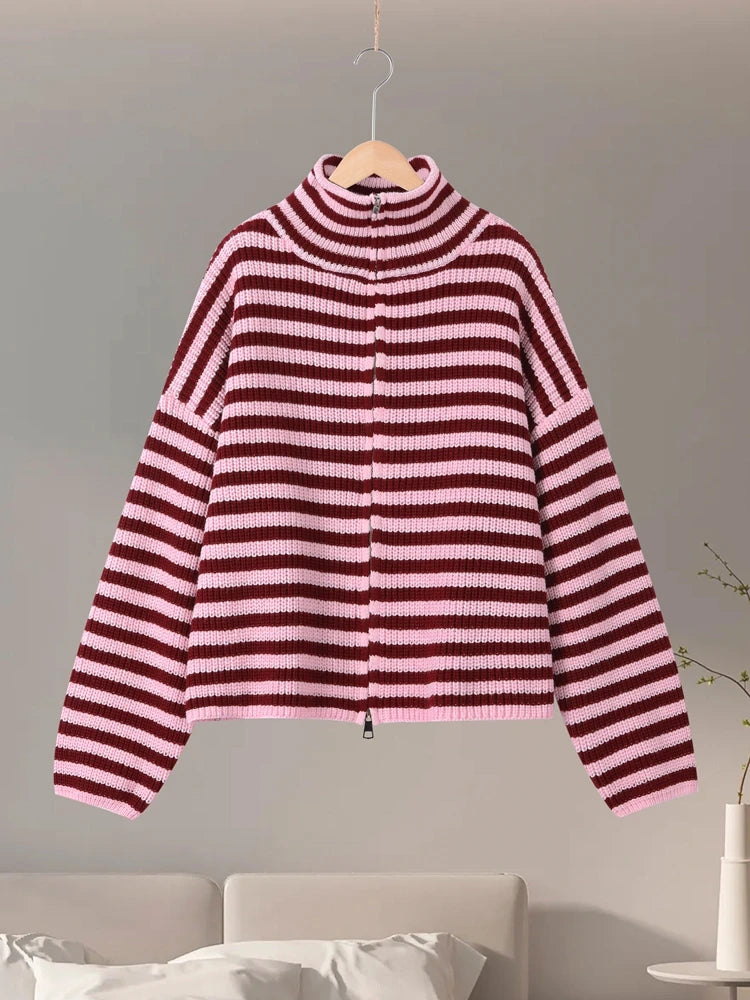 Women's Striped Zip-Up Knit Cardigan – Stand Collar, Loose Fit