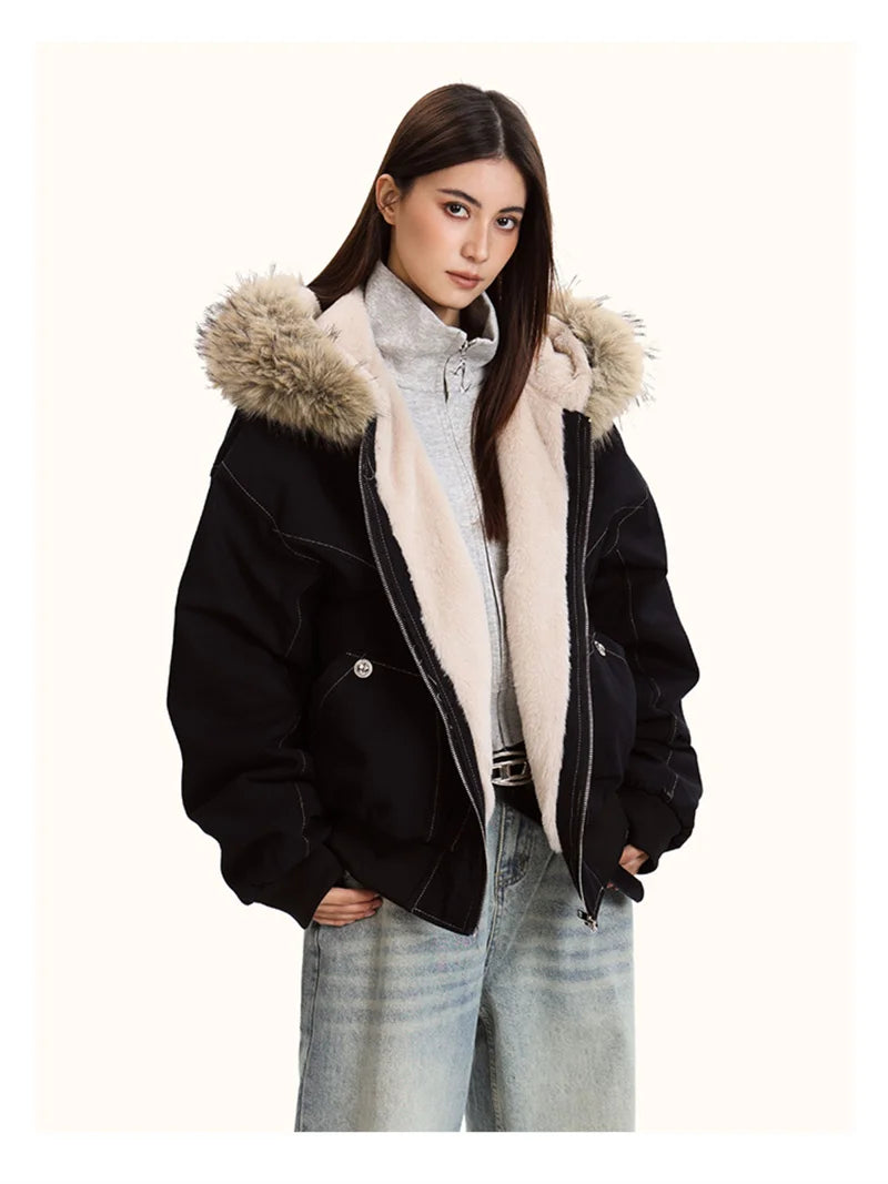 ZAROY Fur-Collar Hooded Parka – Thick Padded Y2K Winter Coat