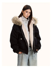 ZAROY Fur-Collar Hooded Parka – Thick Padded Y2K Winter Coat