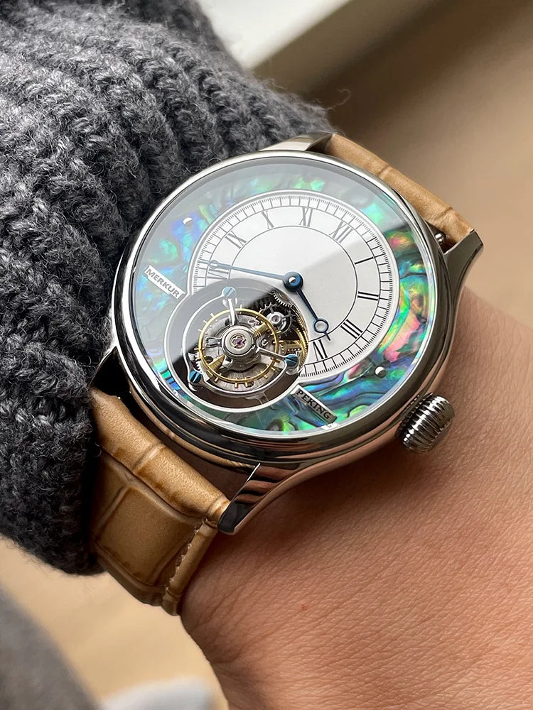 Merkur Men's Tourbillon Watch – Sapphire, Mother of Pearl Dial, 42mm
