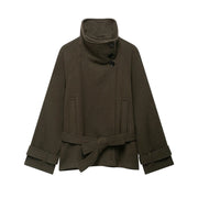 Women's Belted Wool-Blend Winter Coat – Asymmetric Lace-Up Design
