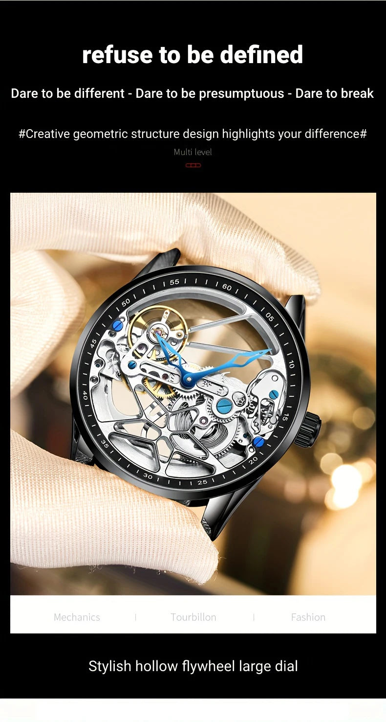 AILANG Men's Sports Automatic Watch – Leather Strap, Luminous Hollow Dial