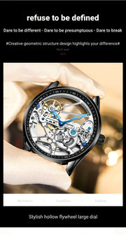 AILANG Men's Sports Automatic Watch – Leather Strap, Luminous Hollow Dial