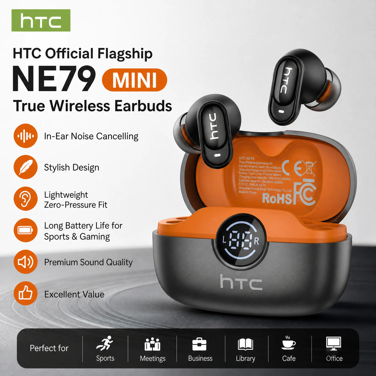 HTC NE79 TWS Earbuds – Bluetooth 6.0, AI Translation, ENC Noise Cancelling